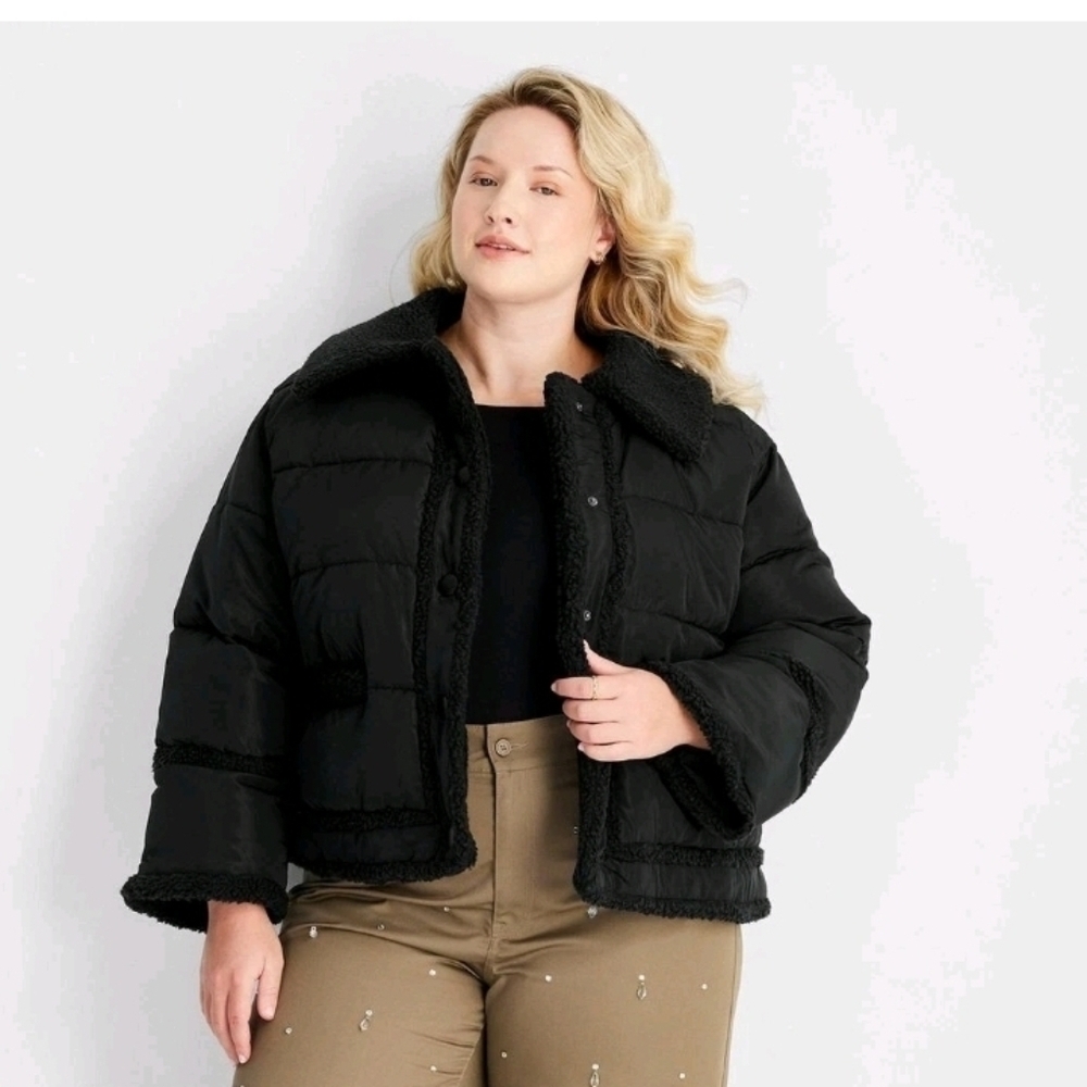 Future Collective Women's Shearling Trim Button-Front Puffer Jacket Black